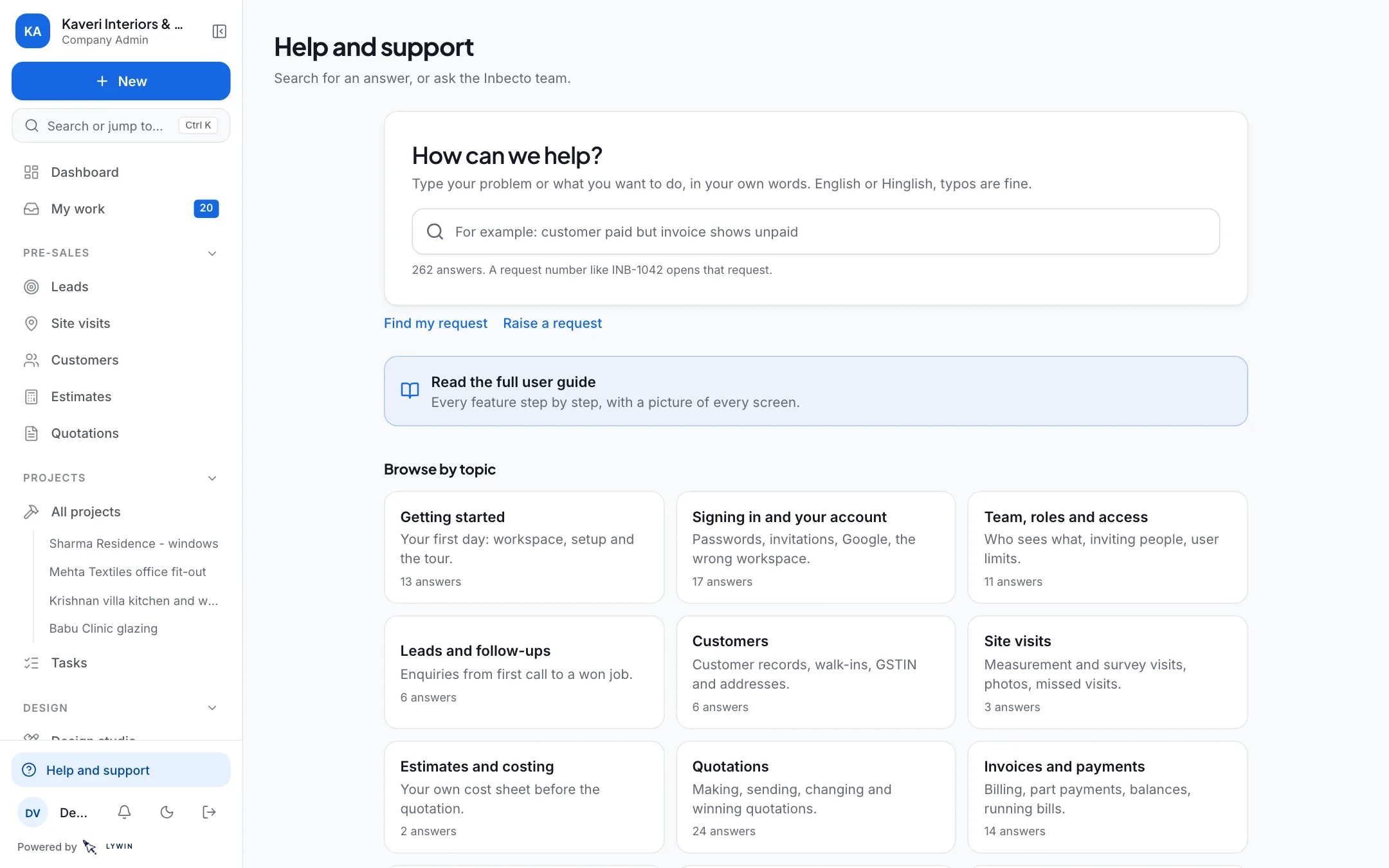 Search answers, or raise a request to the Inbecto team.