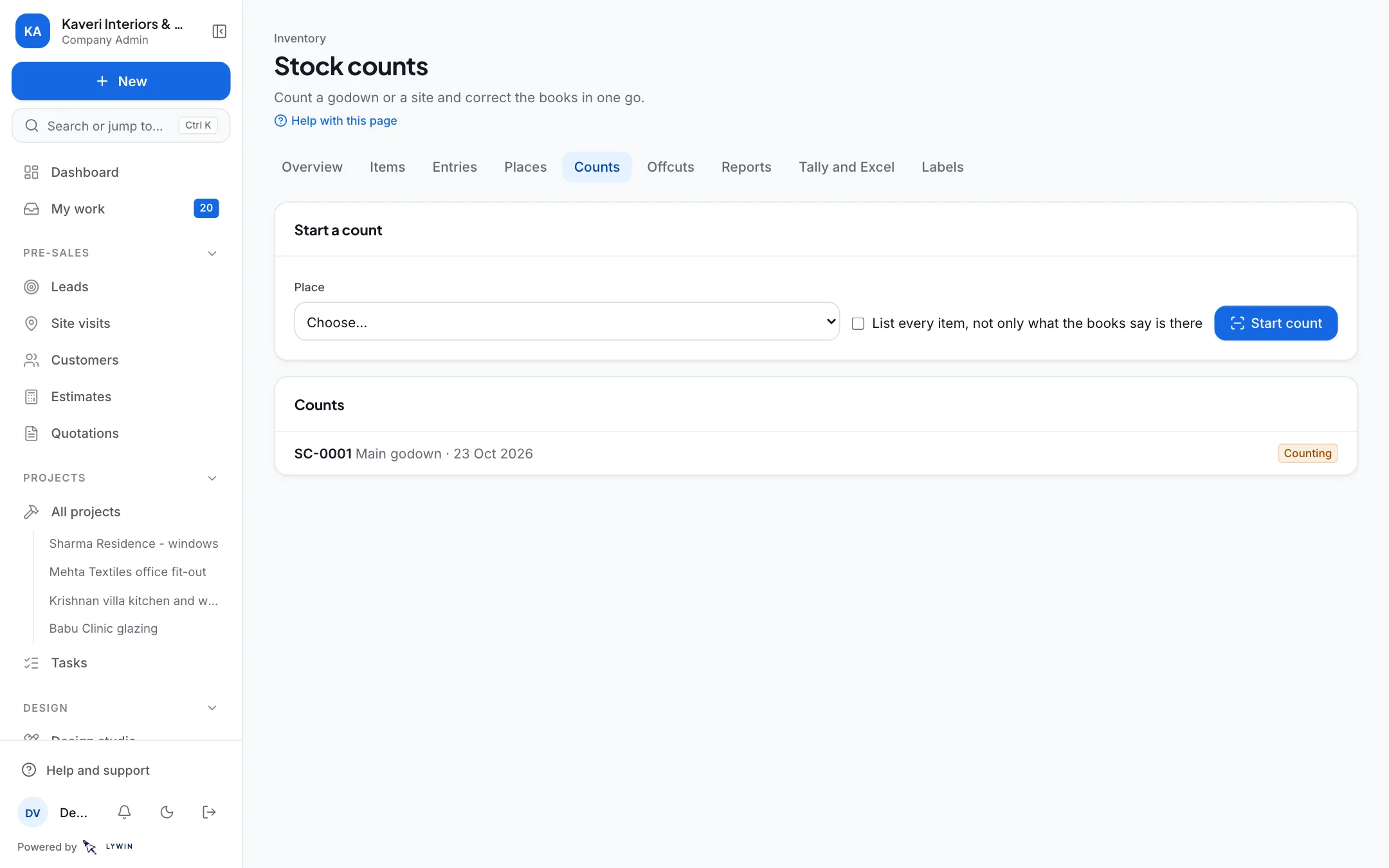 Count a godown or a site and correct the books in one go.