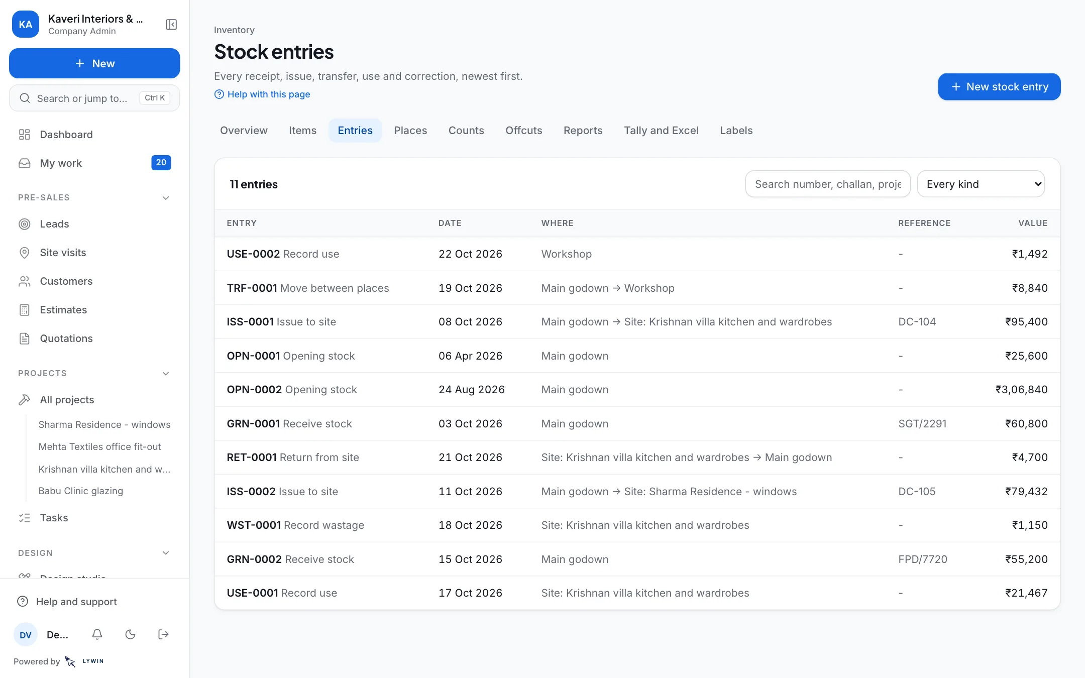 Every receipt, issue, transfer, use and correction, newest first.