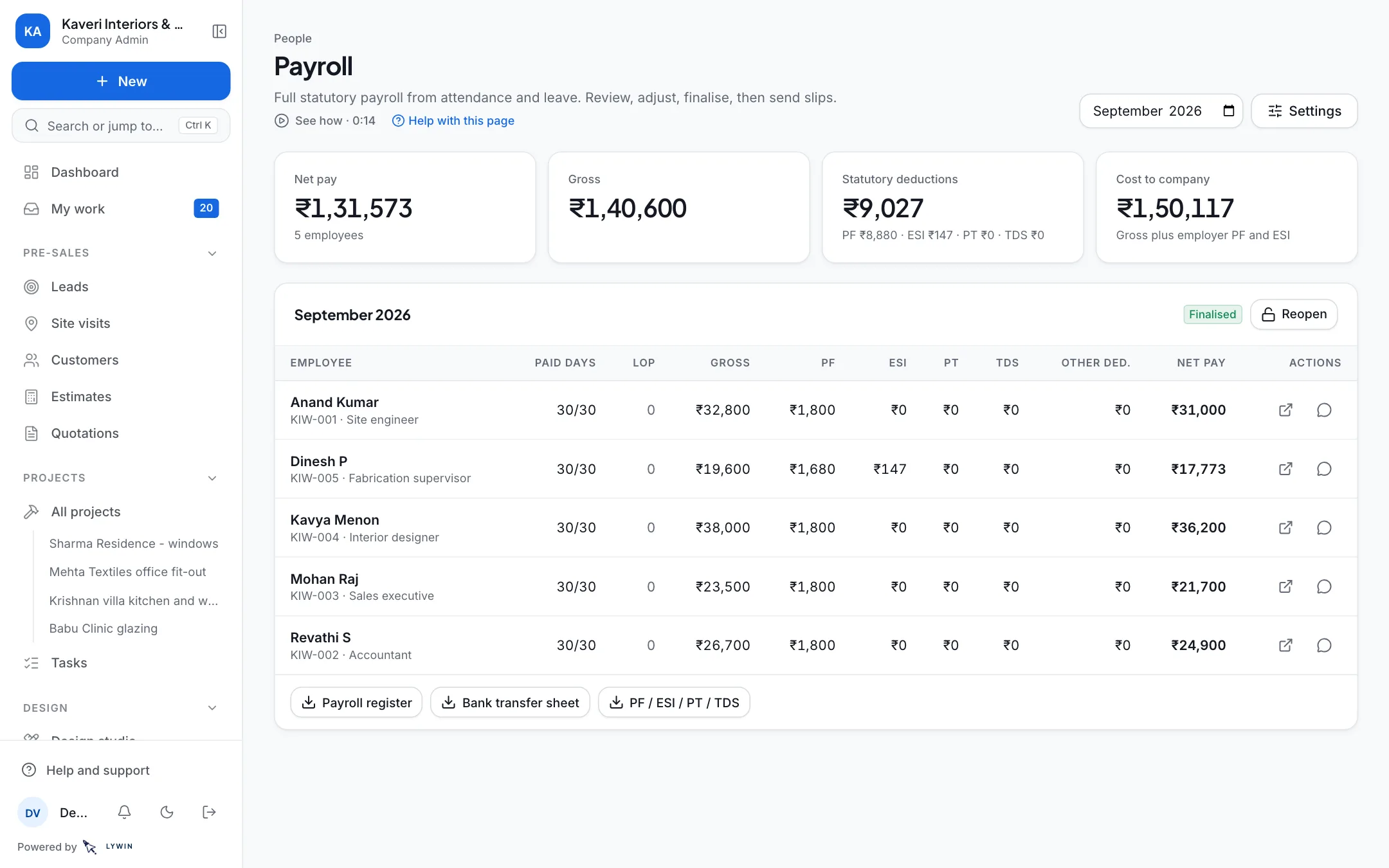 Each month's salary, worked out from attendance and leave.