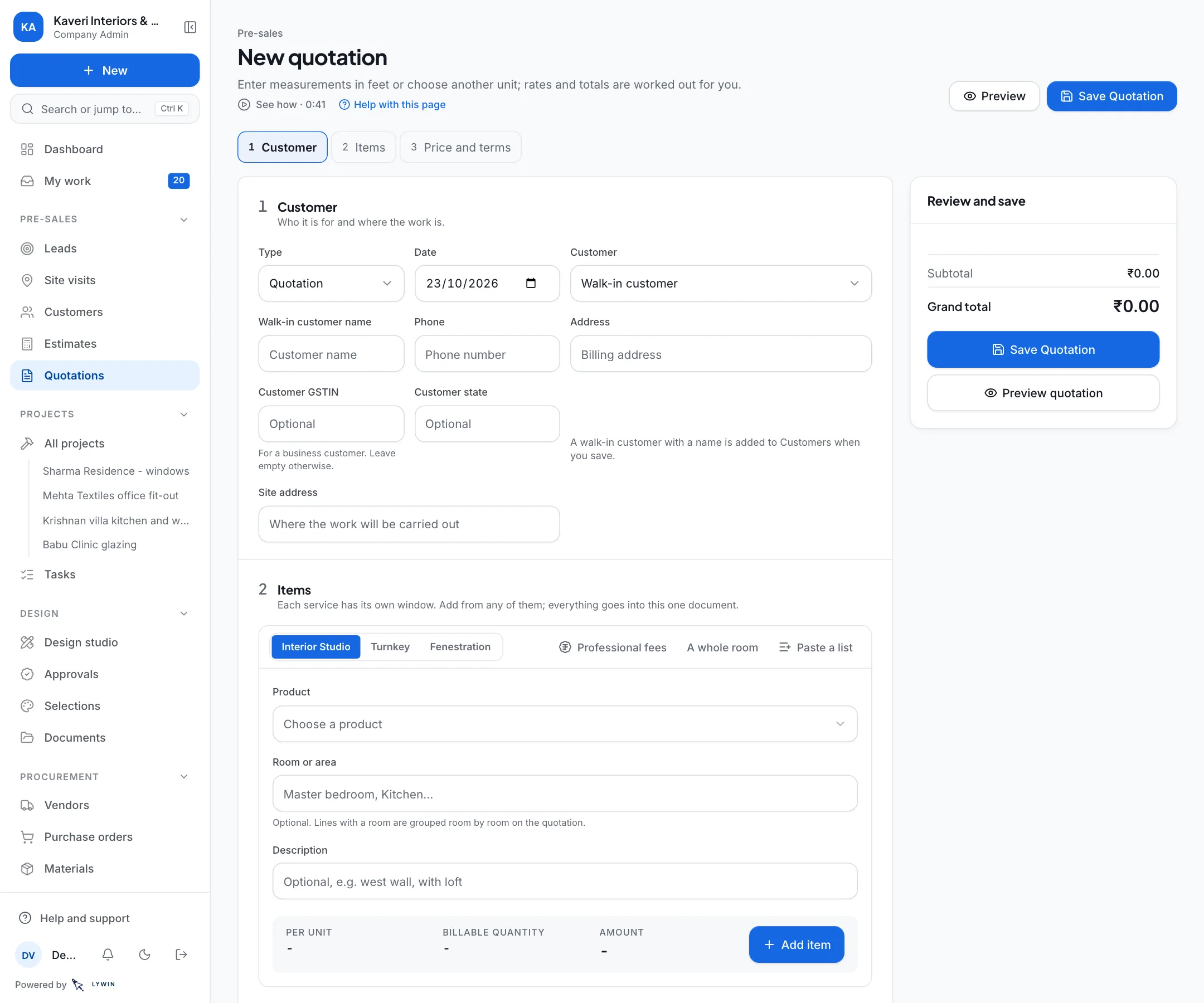 The four steps of a new quotation: customer, items, price and terms, review.