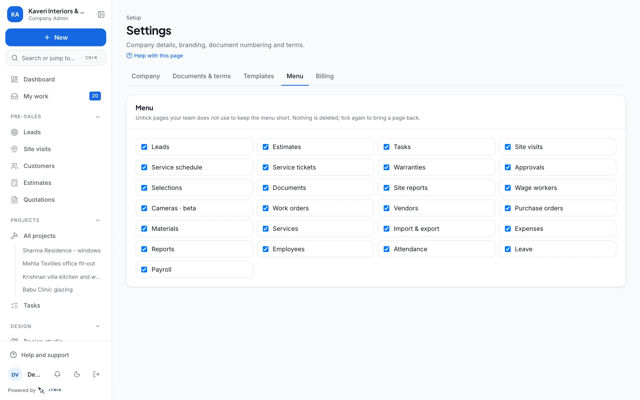 Choosing which pages your team sees in the menu.