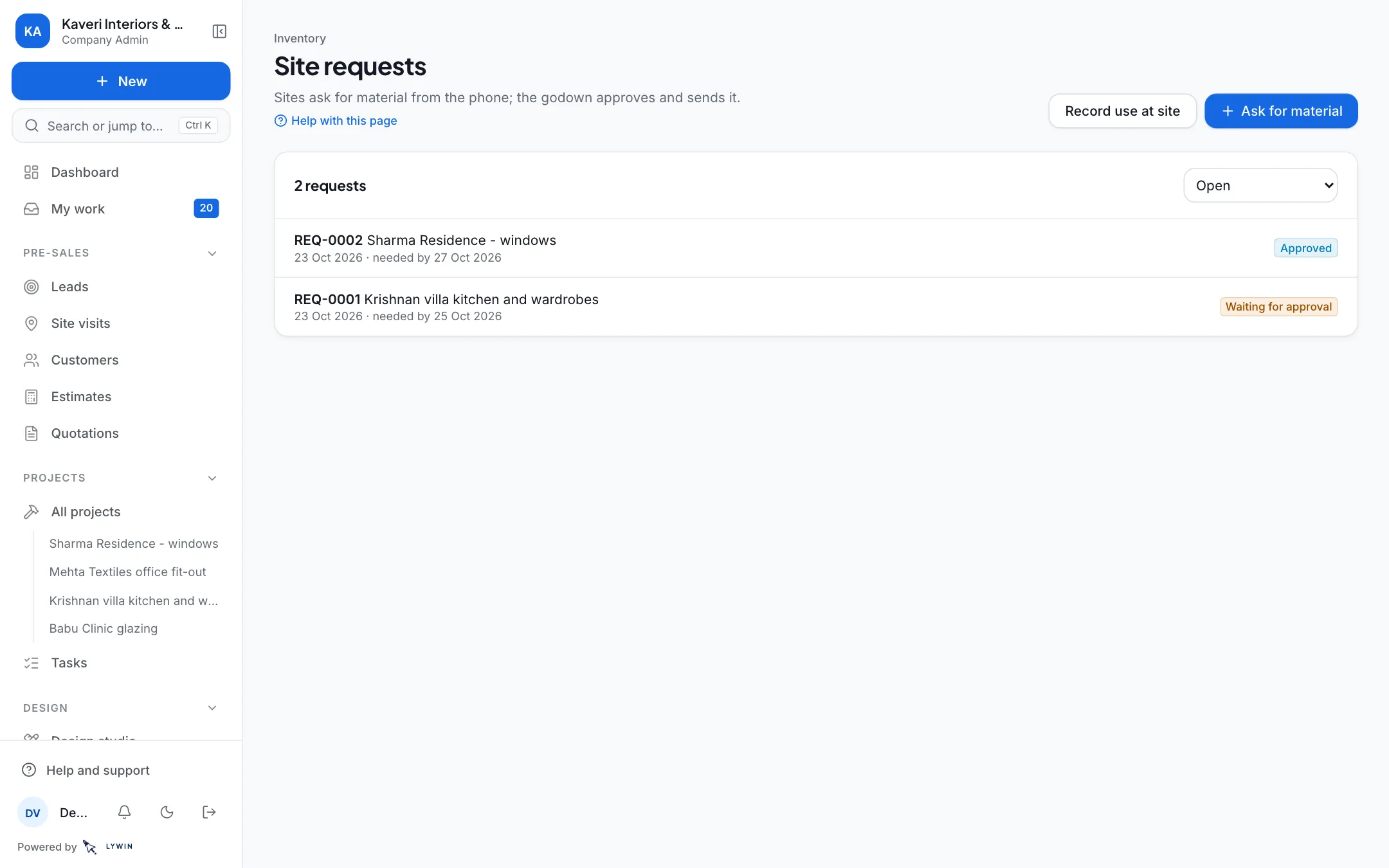 Sites ask for material from the phone; the godown approves and sends it.